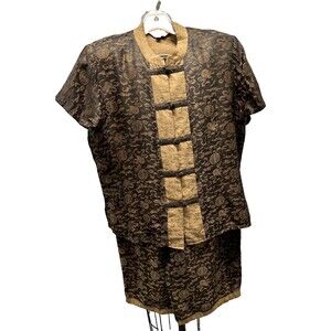 Vintage Chinese Oriental Lounge set Pajamas Brown & Gold chinese imagery XL